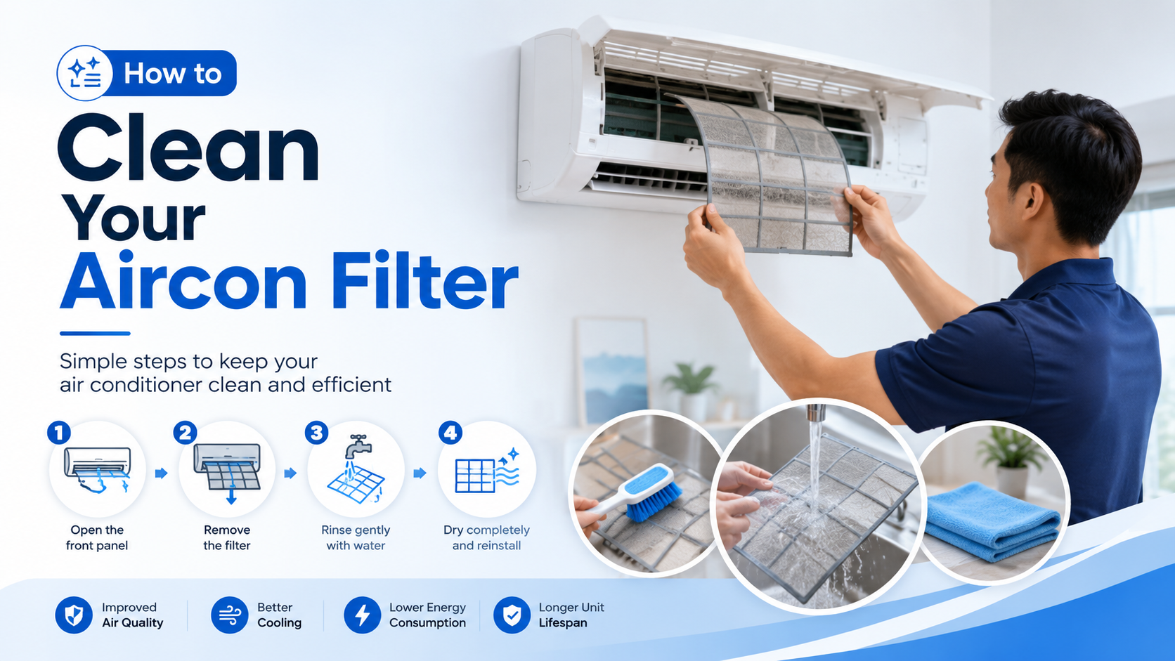 Hands removing a dusty air conditioner filter for cleaning and maintenance
