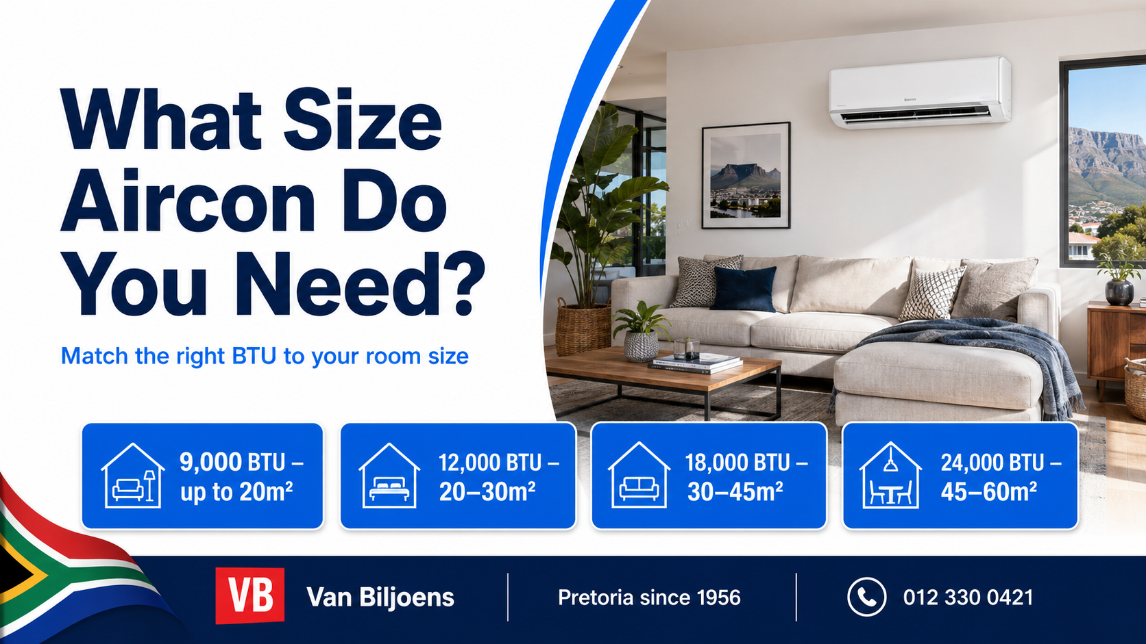 What size aircon do I need — BTU size guide by room size, Van Biljoens Pretoria