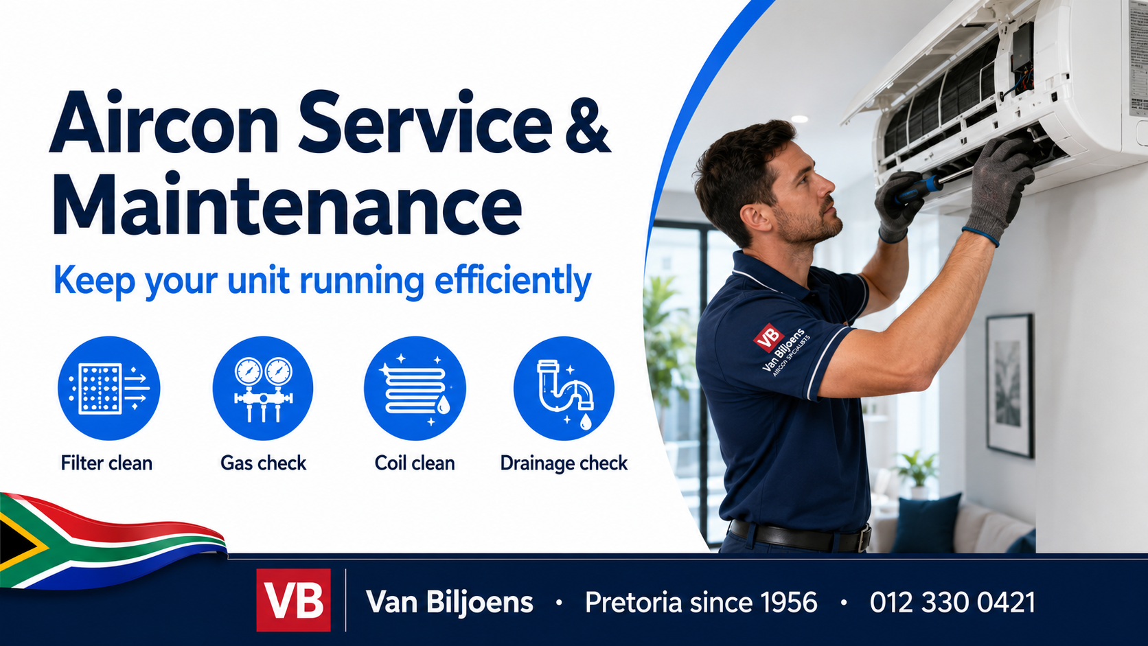 Aircon service and maintenance by a Van Biljoens technician in Pretoria